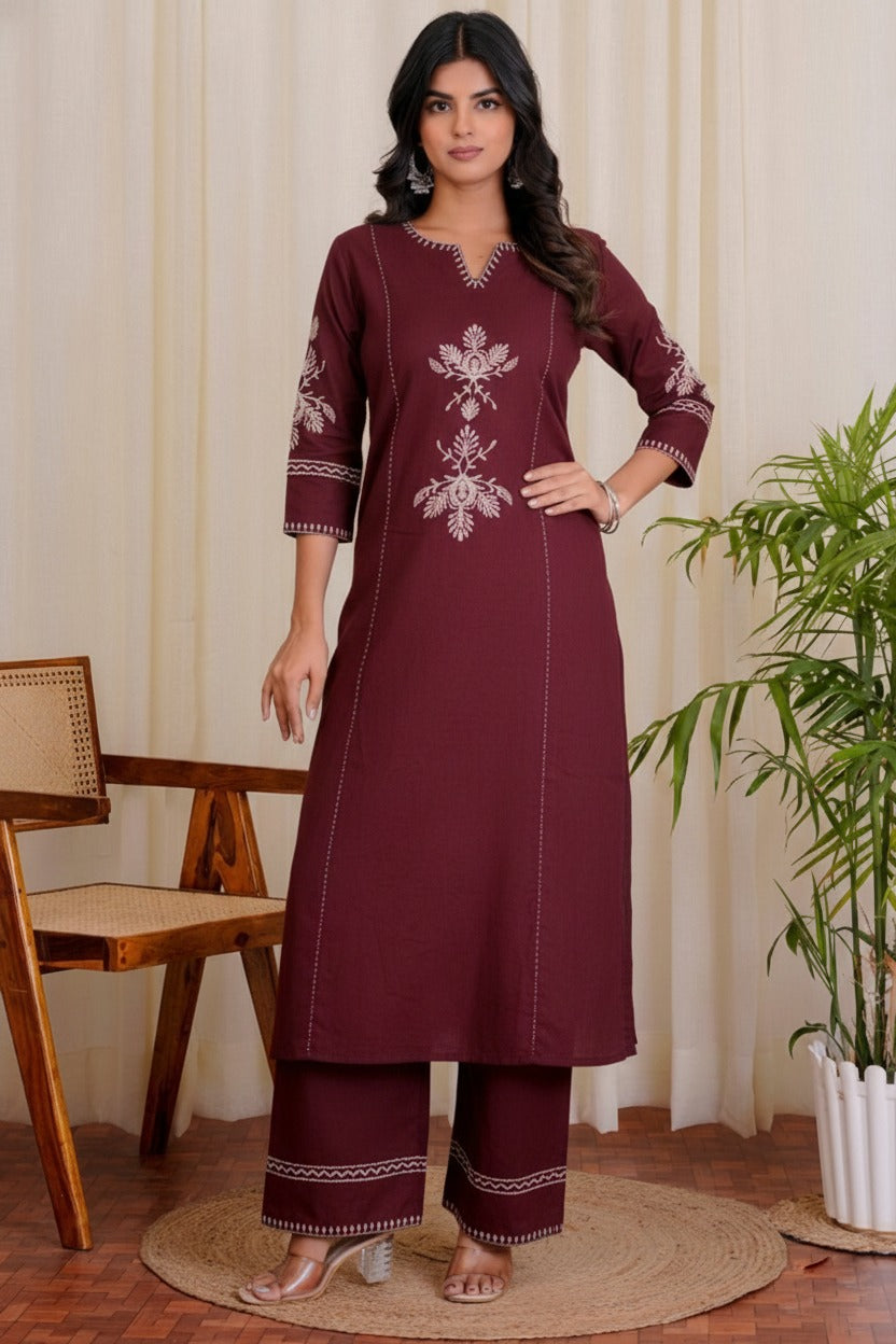 Wine Maroon Cotton Kurta and Pant Set with White Floral Embroidered