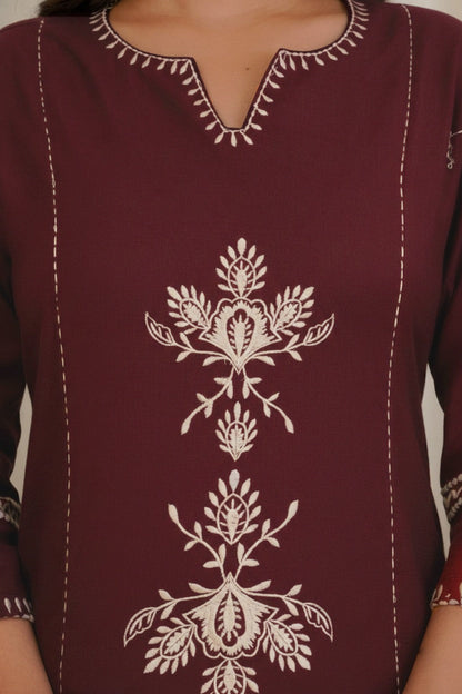 Wine Maroon Cotton Kurta and Pant Set with White Floral Embroidered