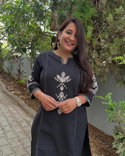 Black Cotton Kurta and Pant Set with White Floral Embroidered