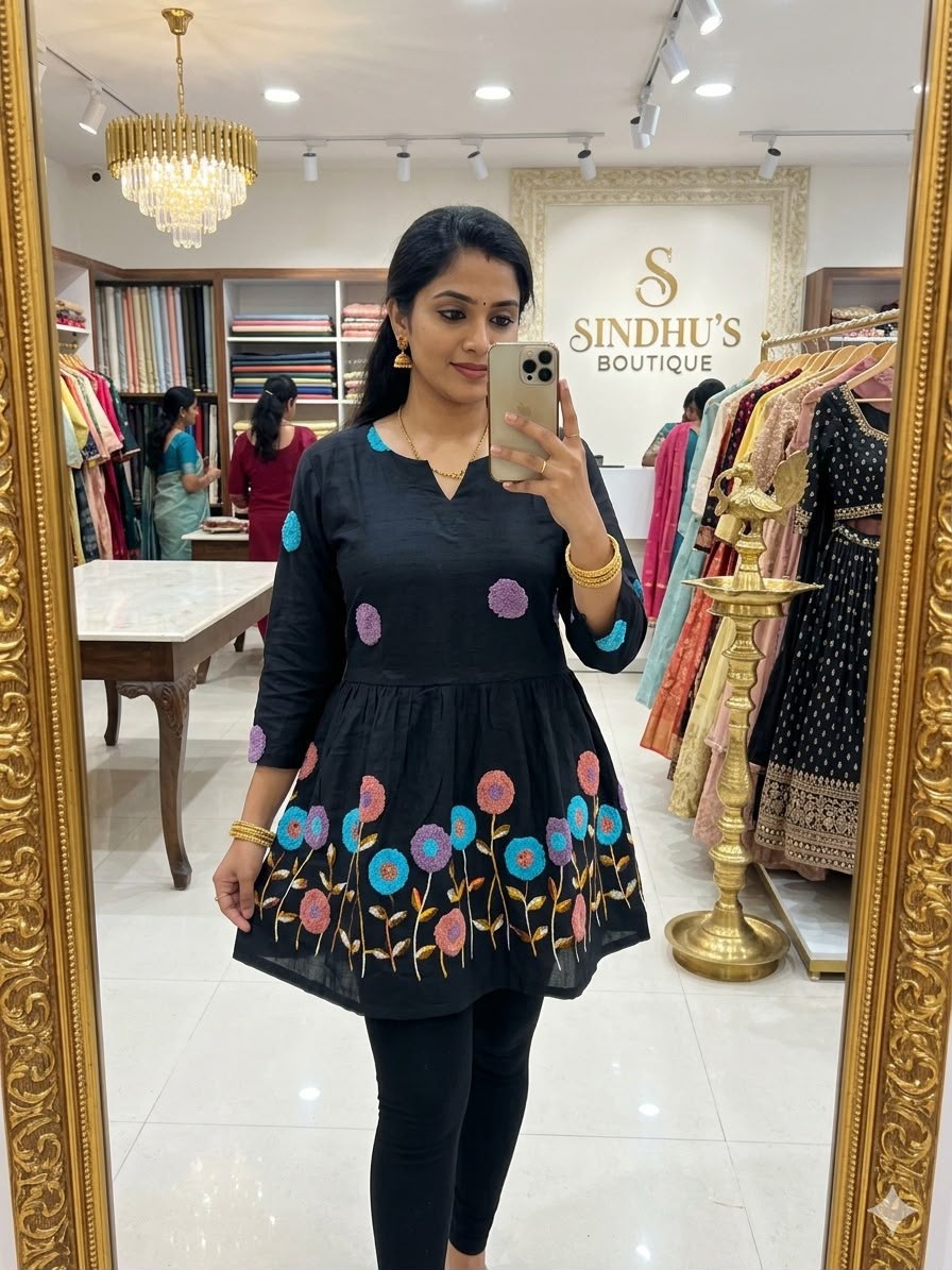 Black Multicolor Floral Embroidered Short  Kurta
