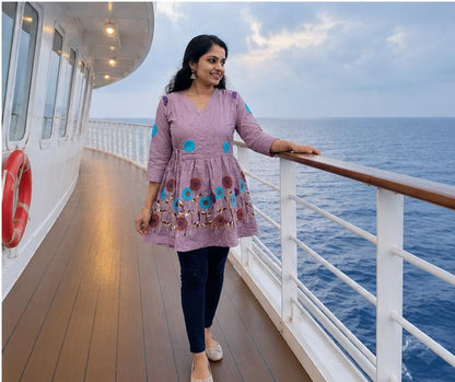 Mauve Multicolor Floral Embroidered Short Kurta