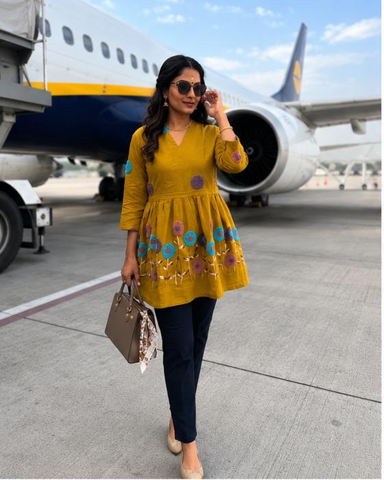 Mustard Yellow Multicolor Floral Embroidered Short Kurta