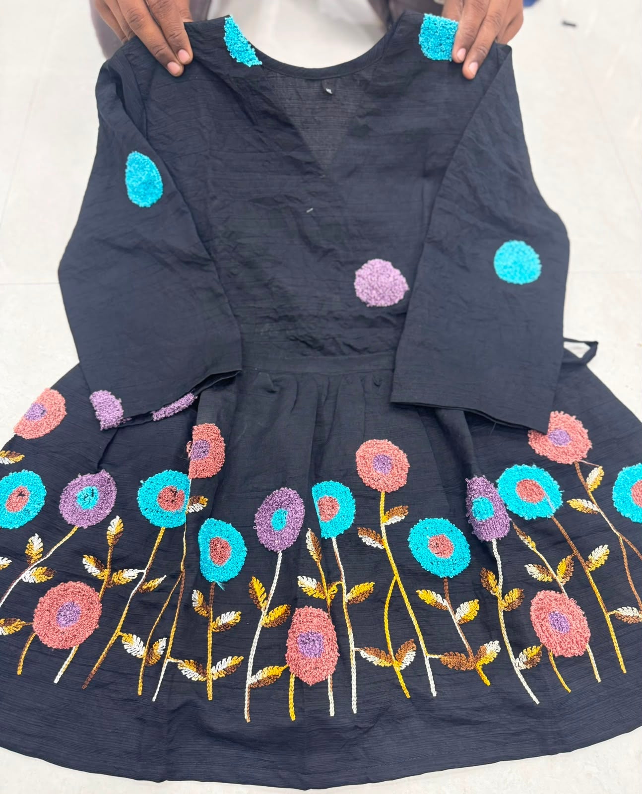 Black Multicolor Floral Embroidered Short  Kurta