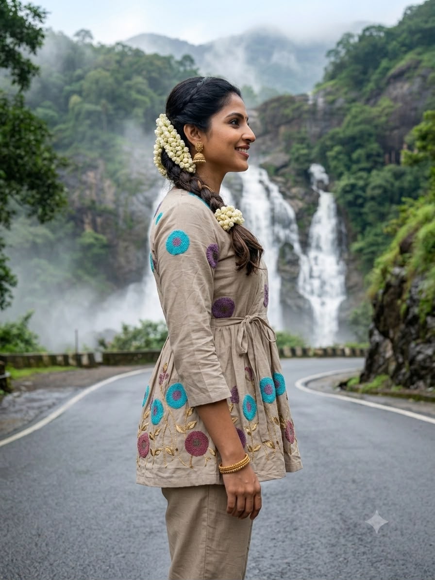 Beige Multicolor Floral Embroidered Short Kurta with Textured Motifs
