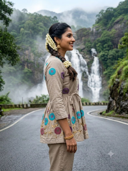 Beige Multicolor Floral Embroidered Short Kurta with Textured Motifs