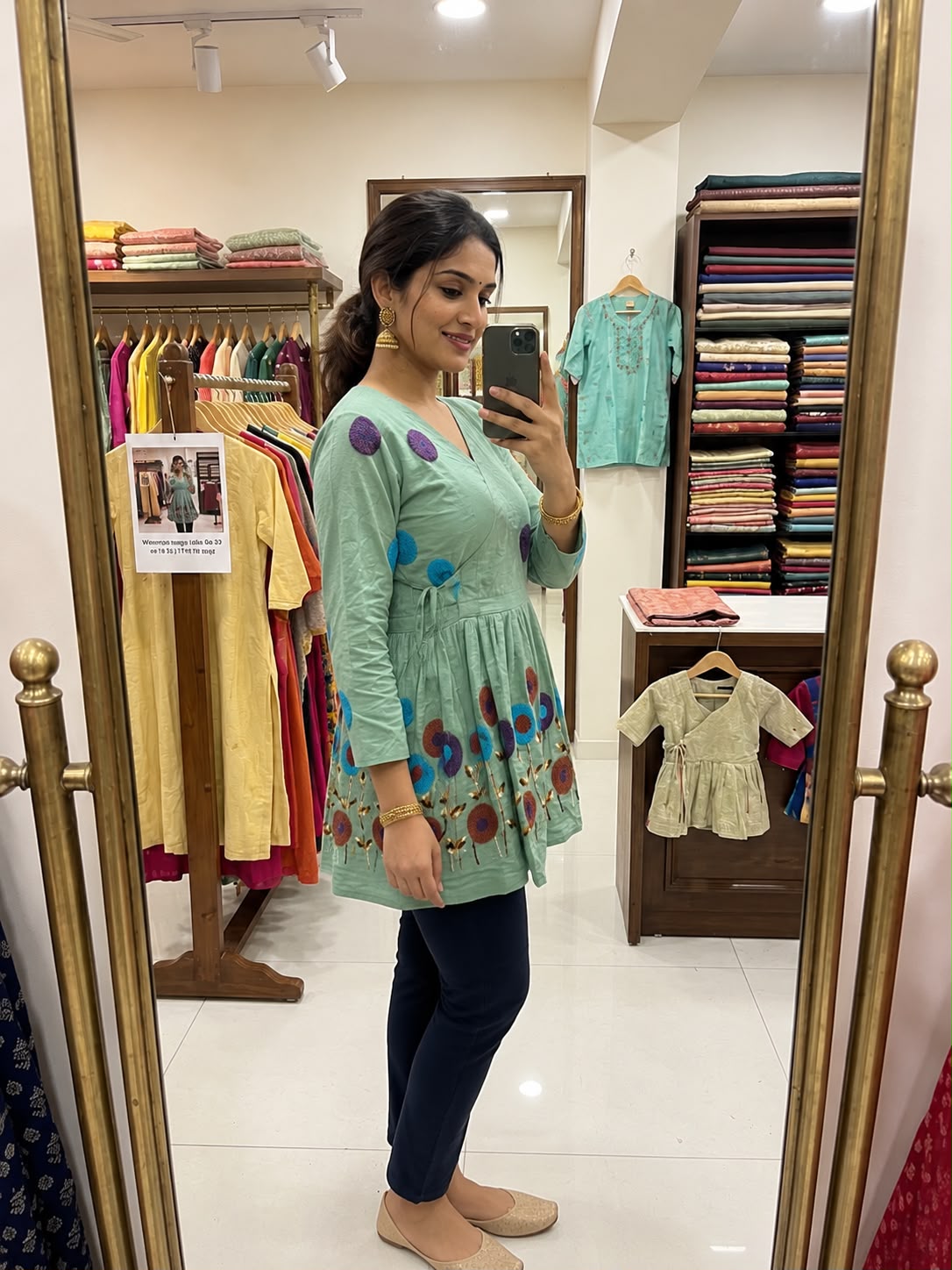 Mint Green Multicolor Floral Embroidered Short Kurta