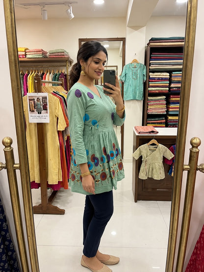 Mint Green Multicolor Floral Embroidered Short Kurta