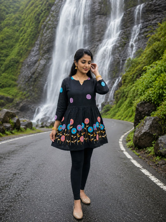 Black Multicolor Floral Embroidered Short  Kurta