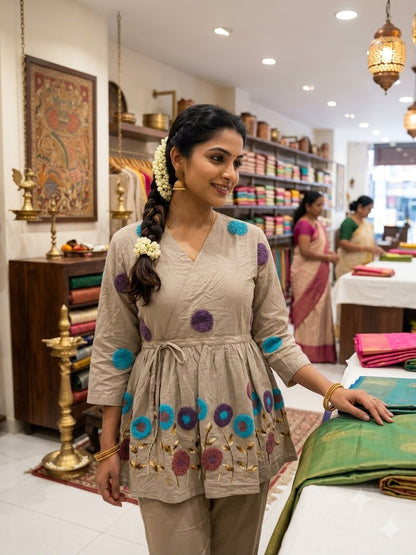 Beige Multicolor Floral Embroidered Short Kurta with Textured Motifs