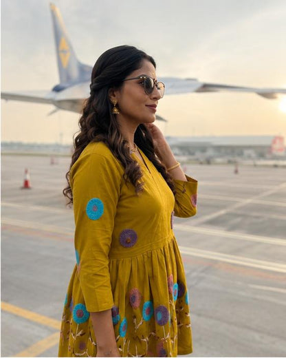 Mustard Yellow Multicolor Floral Embroidered Short Kurta