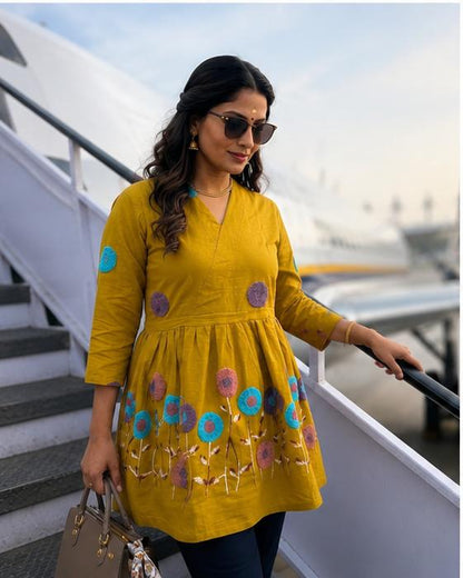 Mustard Yellow Multicolor Floral Embroidered Short Kurta