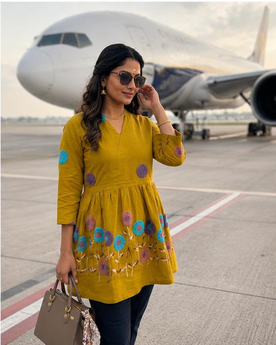 Mustard Yellow Multicolor Floral Embroidered Short Kurta