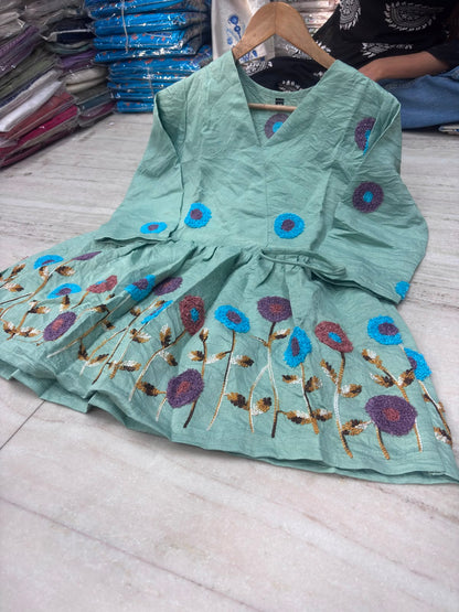 Mint Green Multicolor Floral Embroidered Short Kurta