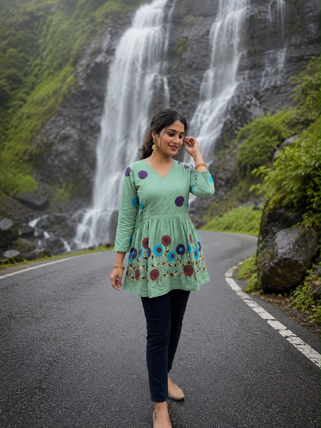 Mint Green Multicolor Floral Embroidered Short Kurta