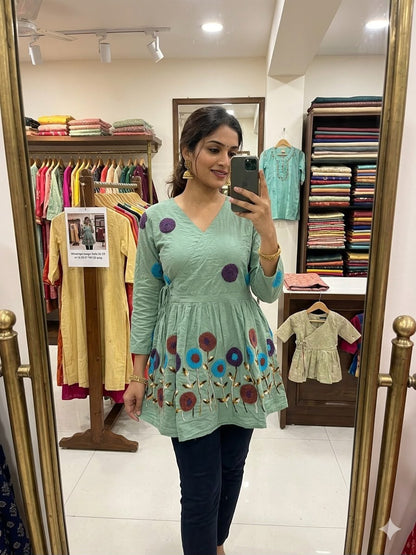 Mint Green Multicolor Floral Embroidered Short Kurta