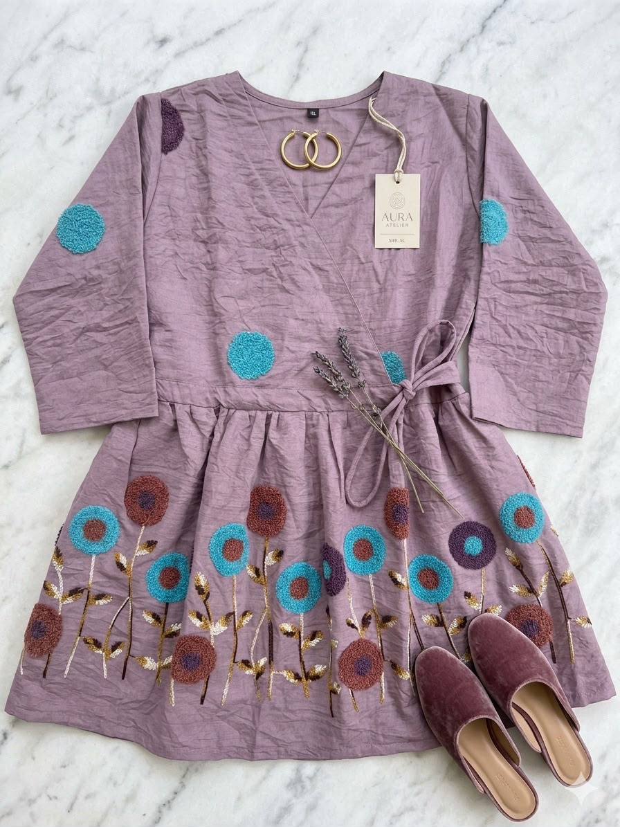 Mauve Multicolor Floral Embroidered Short Kurta