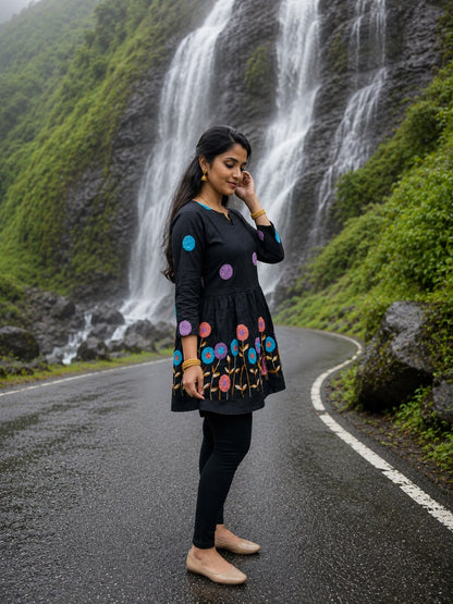 Black Multicolor Floral Embroidered Short  Kurta