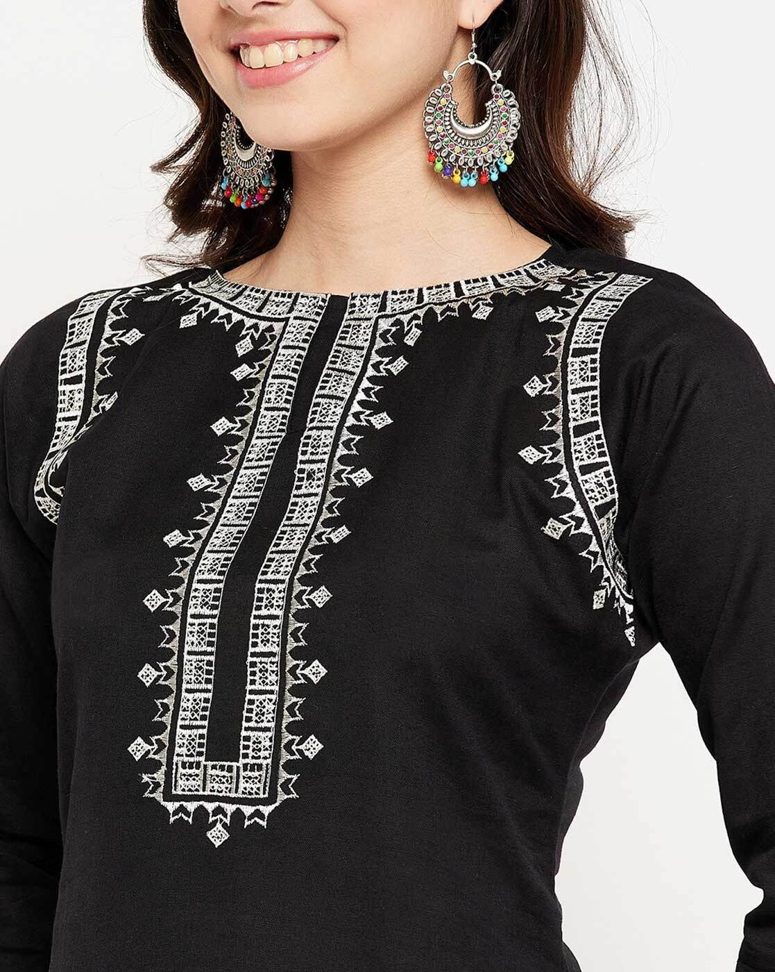Black Cotton Kurta and Pant Set White Embroidery