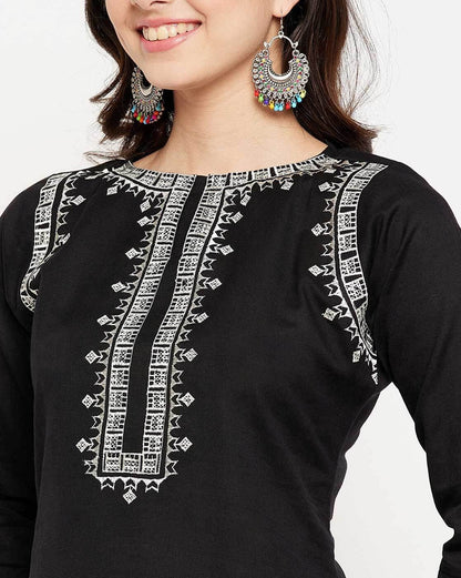 Black Cotton Kurta and Pant Set White Embroidery