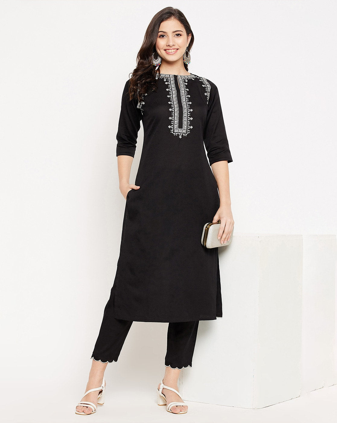 Black Cotton Kurta and Pant Set White Embroidery