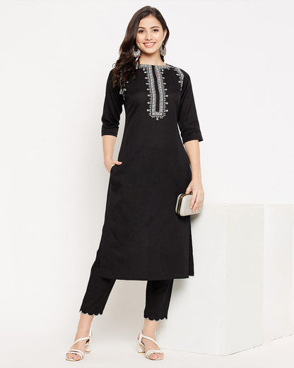 Black Cotton Kurta and Pant Set White Embroidery