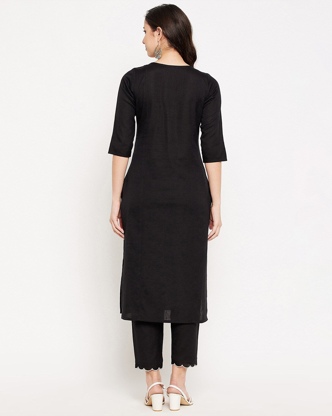 Black Cotton Kurta and Pant Set White Embroidery