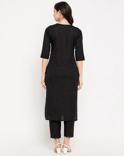 Black Cotton Kurta and Pant Set White Embroidery