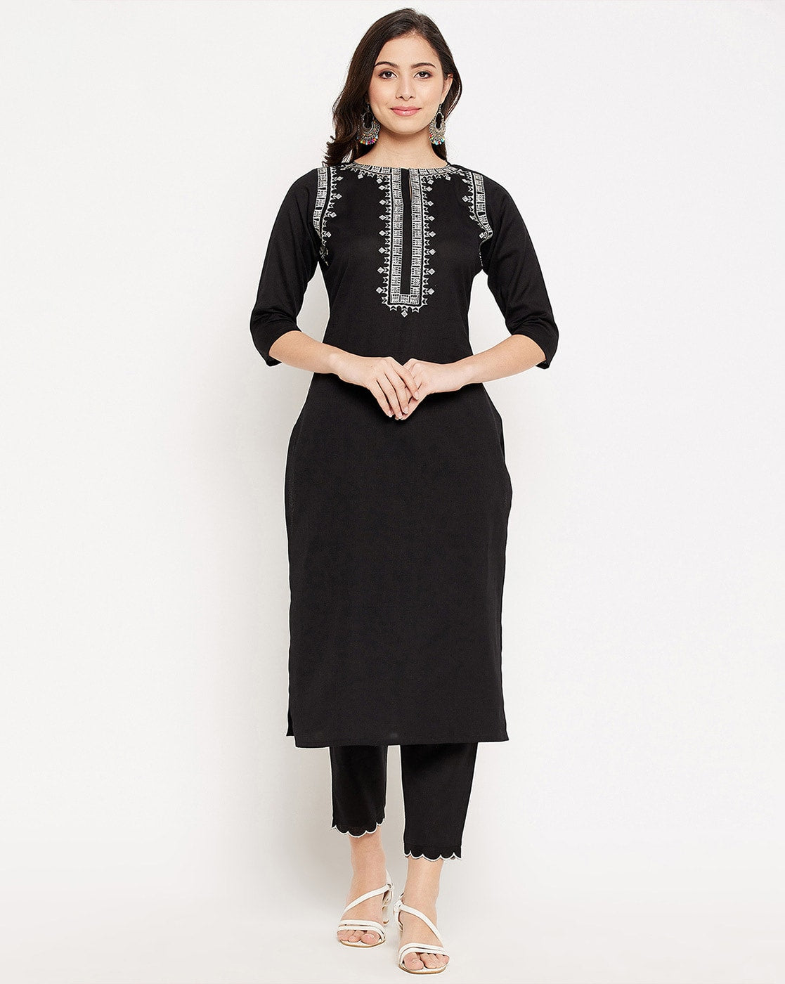 Black Cotton Kurta and Pant Set White Embroidery