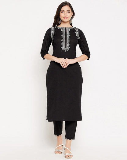 Black Cotton Kurta and Pant Set White Embroidery
