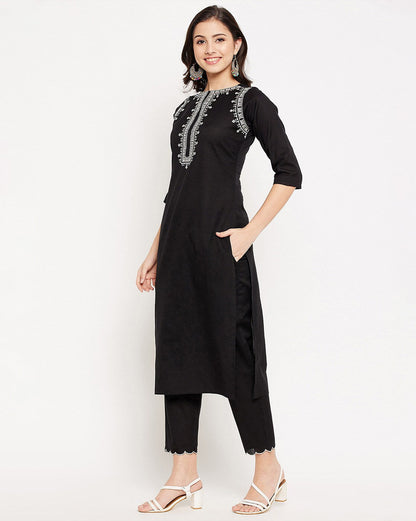 Black Cotton Kurta and Pant Set White Embroidery