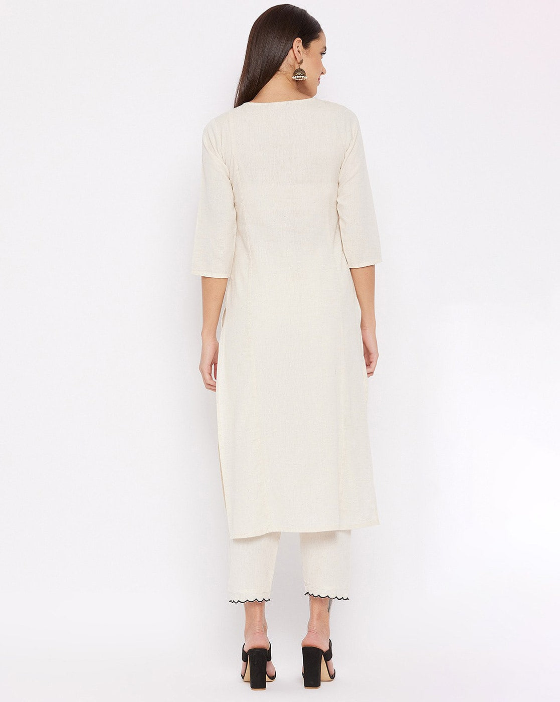 Off-White Kurta Set with Black Embroidery