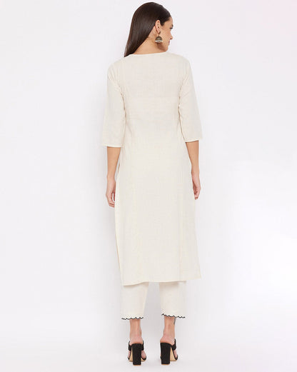 Off-White Kurta Set with Black Embroidery