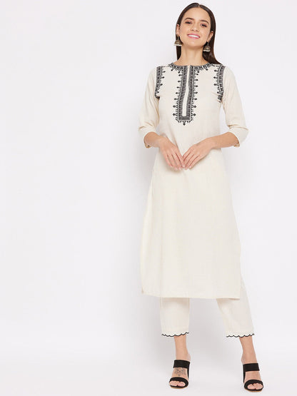 Off-White Kurta Set with Black Embroidery