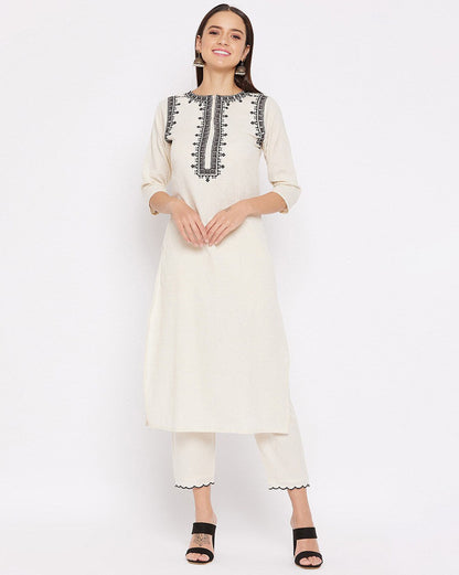 Off-White Kurta Set with Black Embroidery