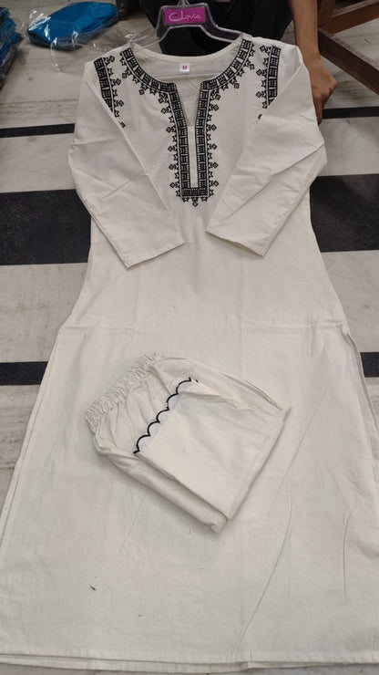 Off-White Kurta Set with Black Embroidery
