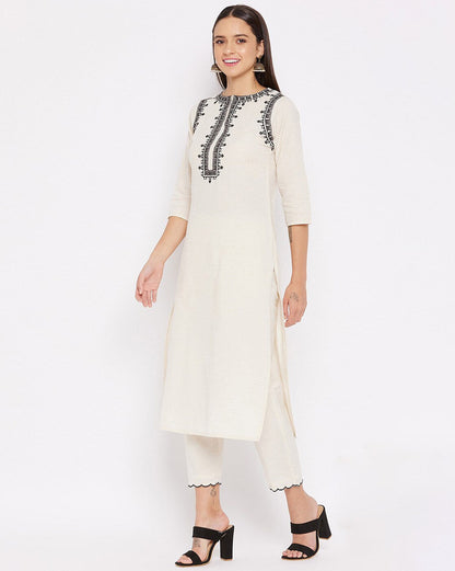 Off-White Kurta Set with Black Embroidery