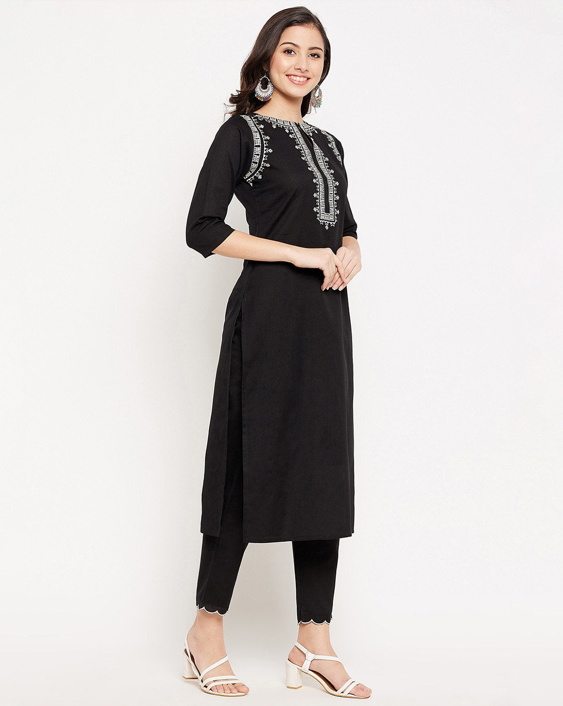 Black Cotton Kurta and Pant Set White Embroidery