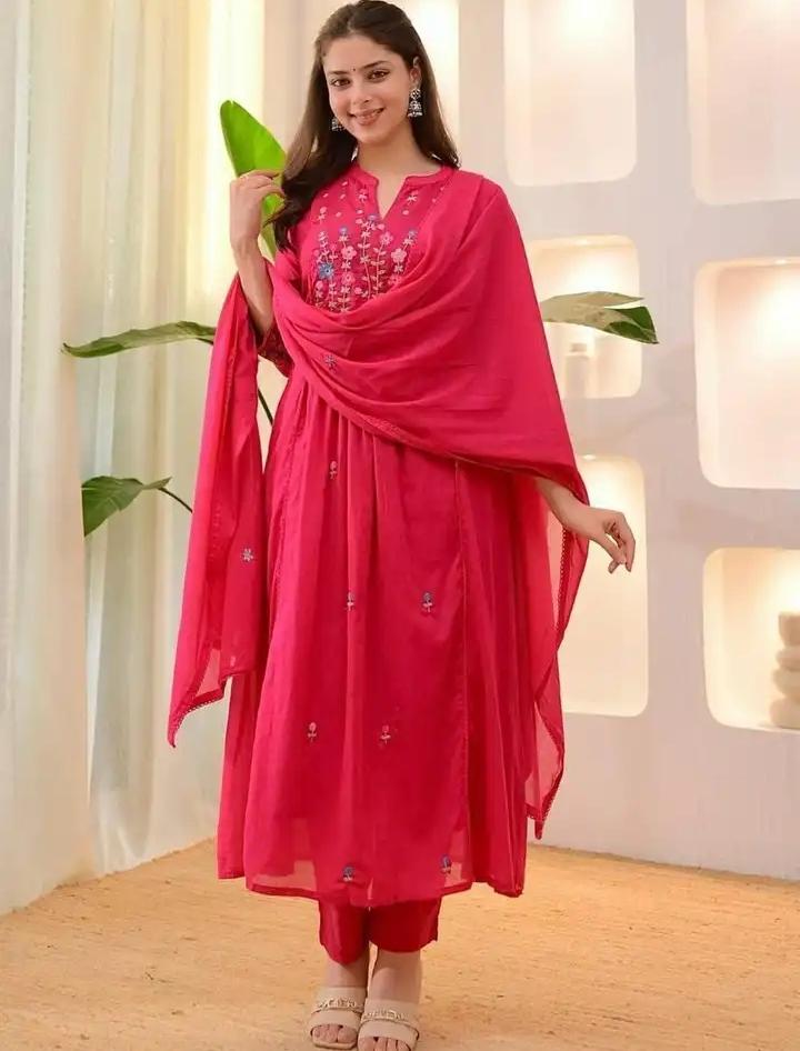 Fuchsia Embroidered Empire Thread Work Kurta with Trousers & Dupatta