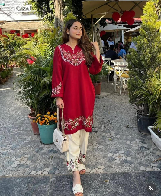 Maroon Floral Embroidered Cotton Co-Ord Set for Women