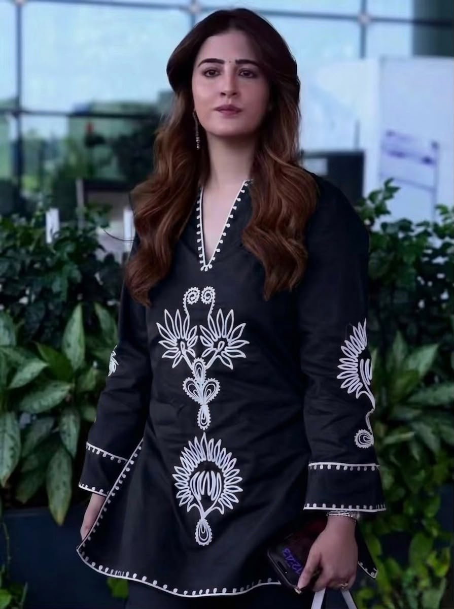 Black Cotton Embroidered Kurta Pant Set for Women