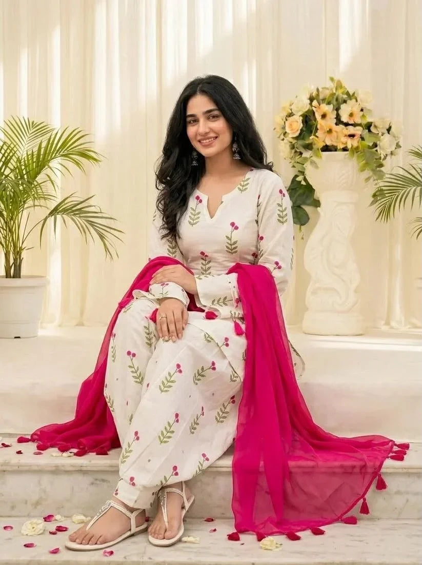 White Floral Printed Kurta Salwar Set with Pink Dupatta