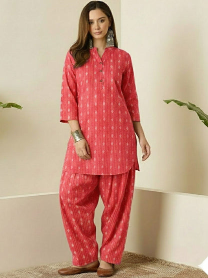 Coral Pink nagin katha cotton Kurta Salwar Set
