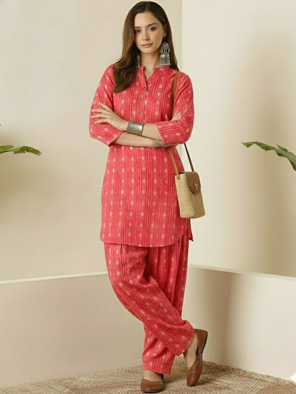 Coral Pink nagin katha cotton Kurta Salwar Set