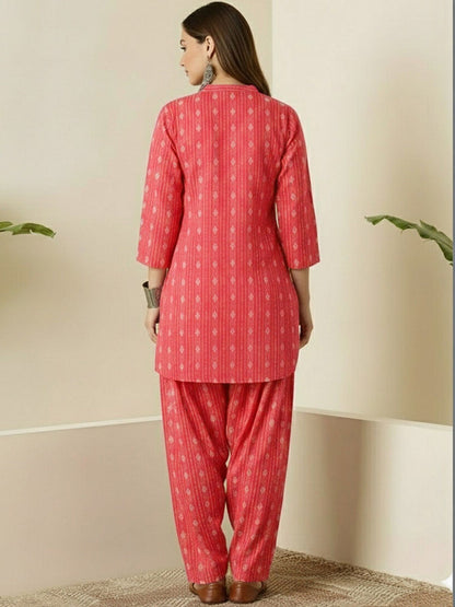 Coral Pink nagin katha cotton Kurta Salwar Set