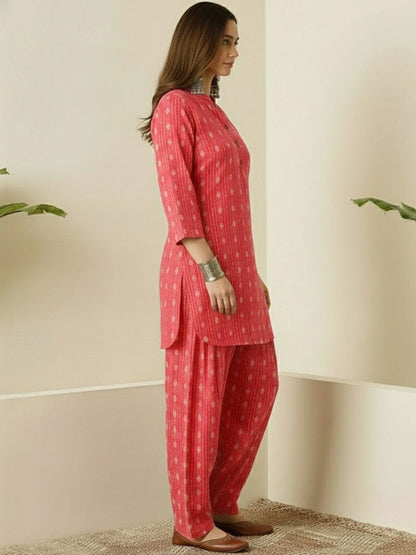 Coral Pink nagin katha cotton Kurta Salwar Set