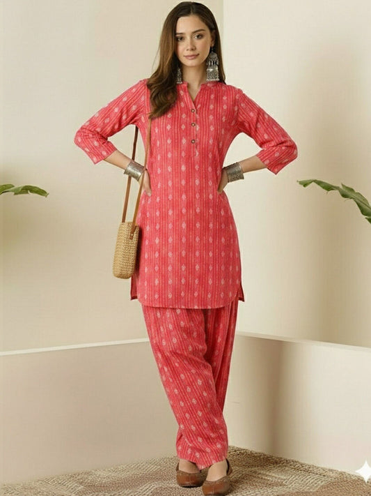 Coral Pink nagin katha cotton Kurta Salwar Set