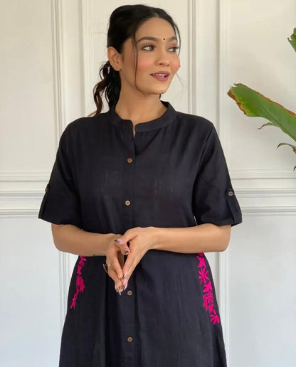 Black Button-Down Pocket Embroidered Kurta Palazzo Set