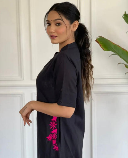 Black Button-Down Pocket Embroidered Kurta Palazzo Set