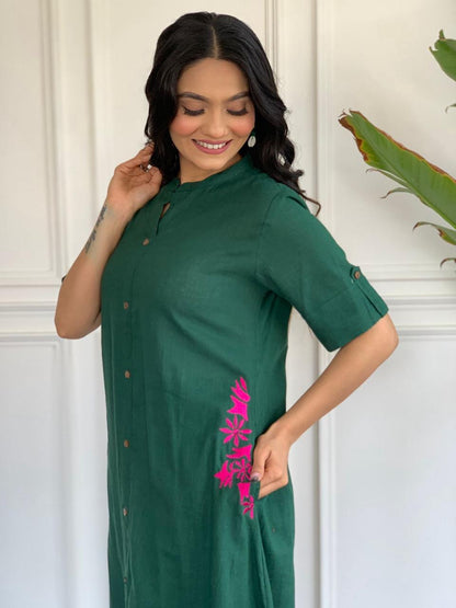 Green Button-Down Pocket Embroidered Kurta Palazzo Set