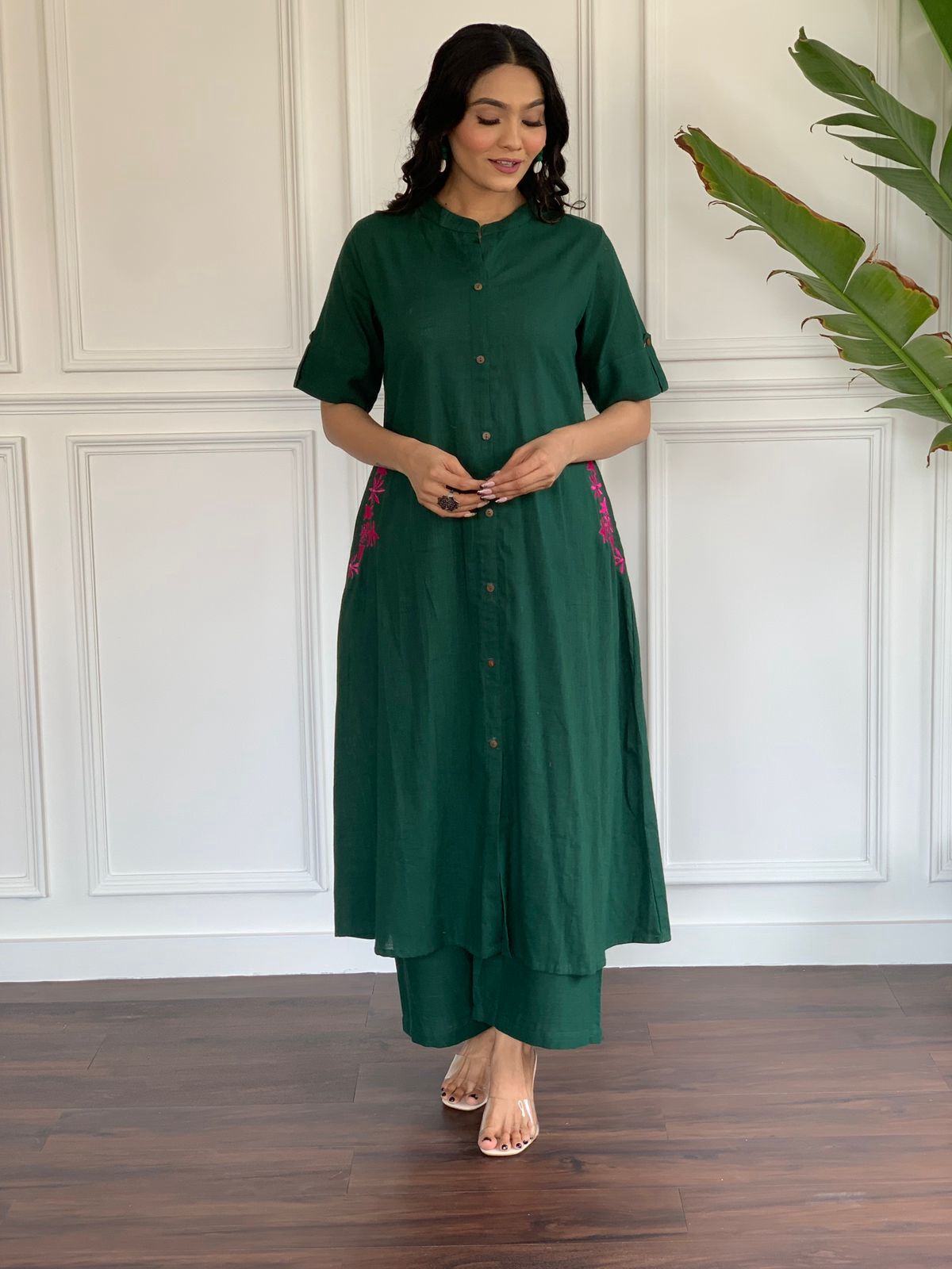 Green Button-Down Pocket Embroidered Kurta Palazzo Set
